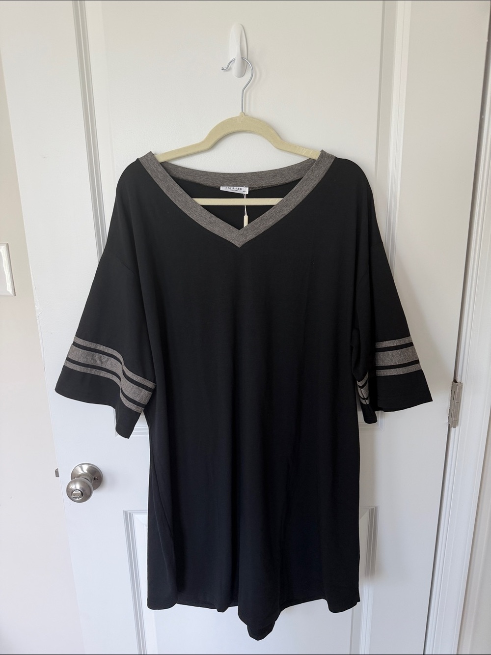 Black V-Neck T-Shirt Dress with Metallic Trim